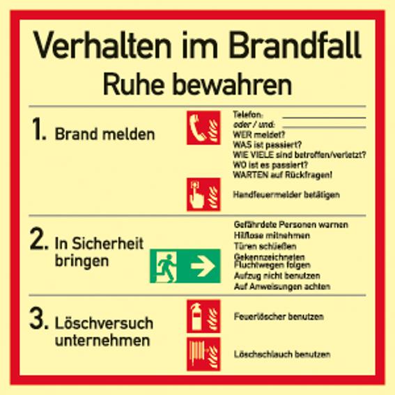 Verhaltensschild im Brandfall ISO 7010 - Kunststoff, langnachleuchtend, 160 mcd, 180x180 mm