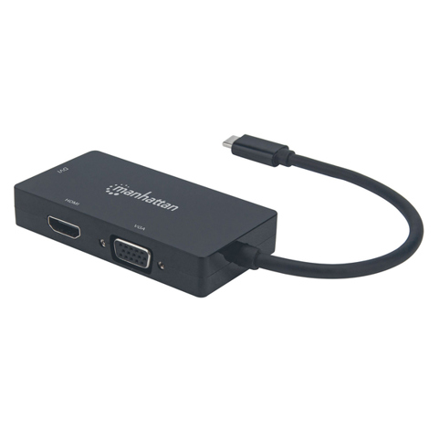 Manhattan 3-in-1 USB-C Multiport Konverter - DVI, HDMI, VGA Adapter | 4K@30Hz HDMI, 1080p VGA/DVI | Schwarz